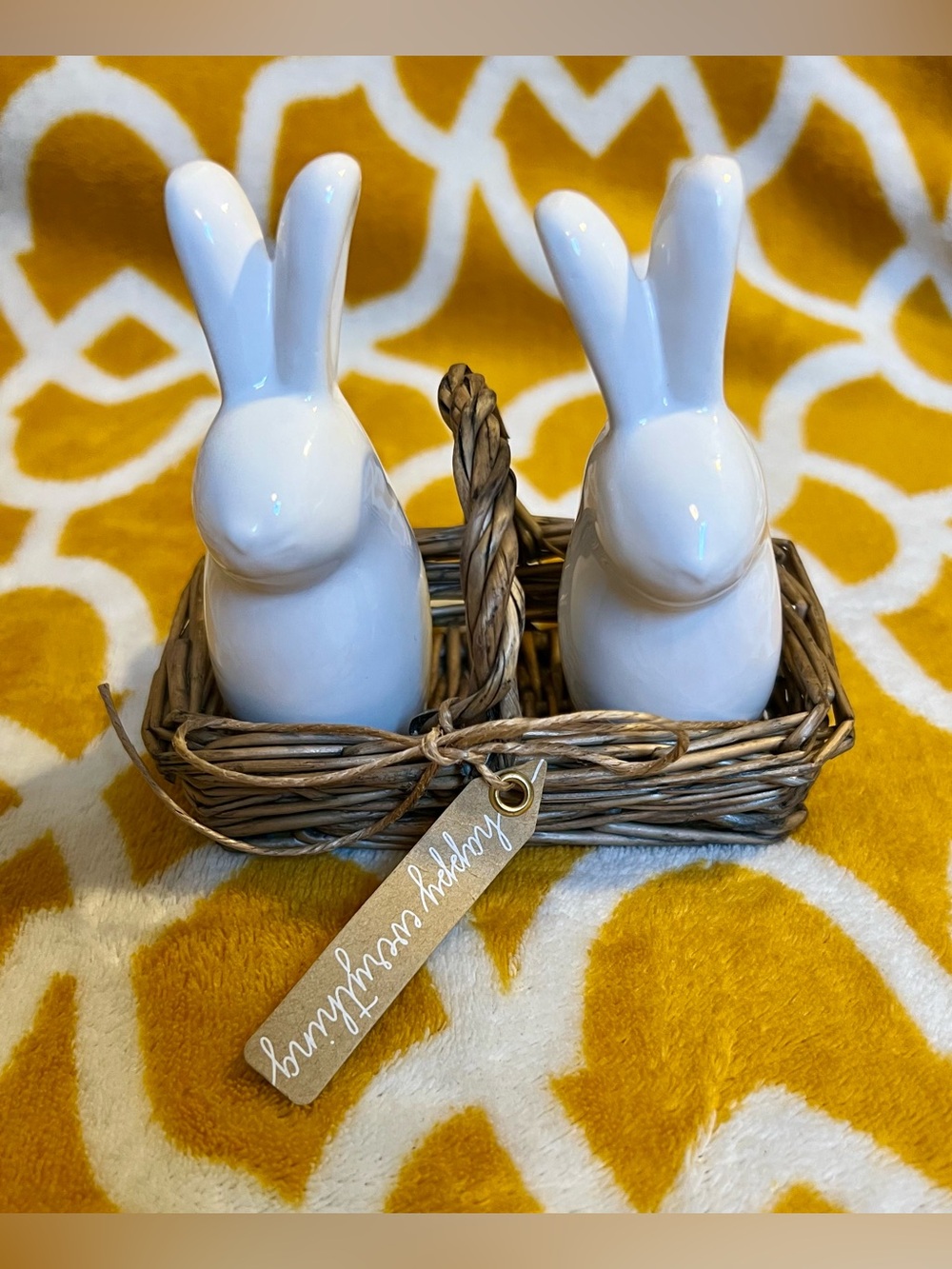 Rabbit Salt & Pepper Shakers w/ Wicker Basket, Ceramic White/Brown 3pc 4in
